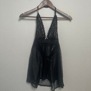 Victoria’s Secret Black Lace Sheer Babydoll Lingerie Halter Medium Mesh Teddy